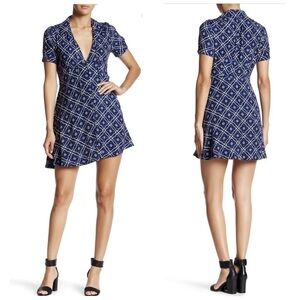 Free People Melody Easy Printed V Neck Flowy Mini Dress in Blue, White, Black
